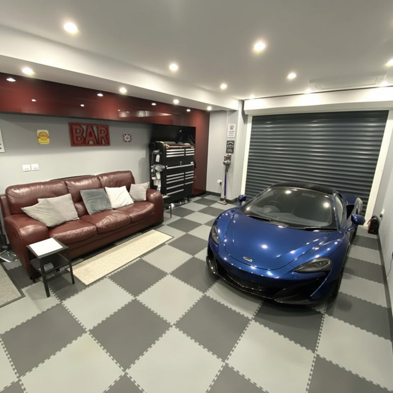 Light grey PVC garage floor tiles in home garage UK