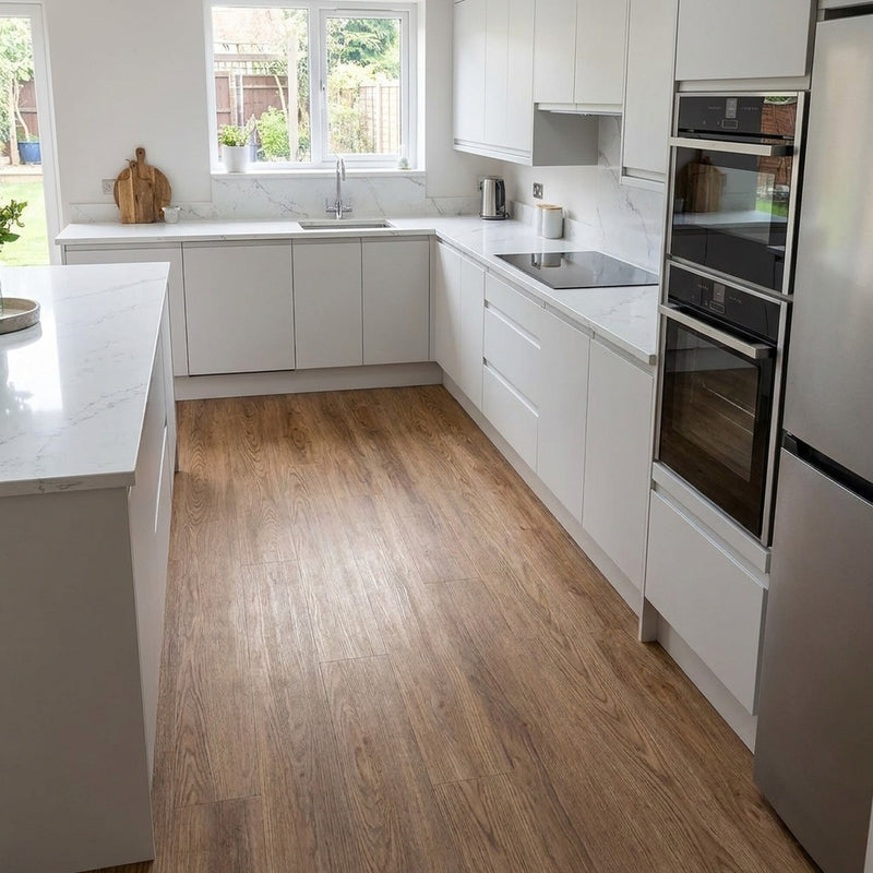 Wood effect self-adhesive PVC planks in UK kitchen