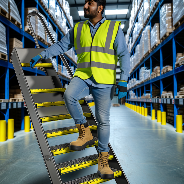 British warehouse worker on stairs with anti-slip nosing