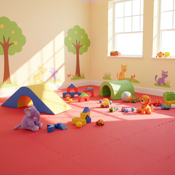 Red EVA Foam Interlocking Tiles in children's play area nursery flooring