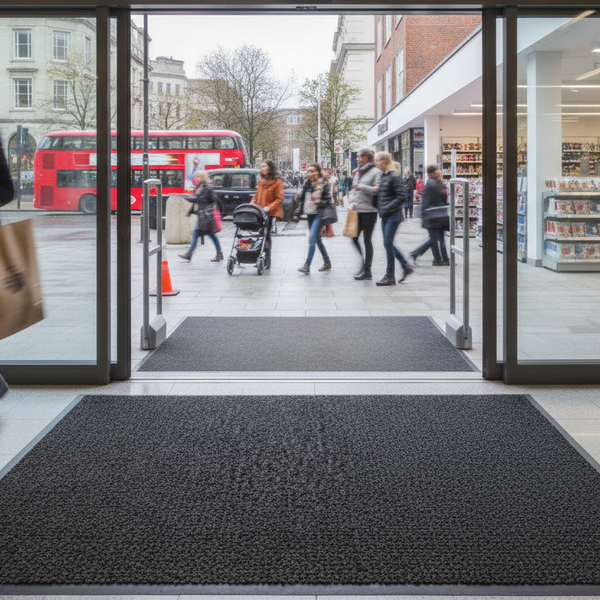 Washable Dirt Trapper Mat Black 200×200cm – Non-Slip Square - Retail Store Setting