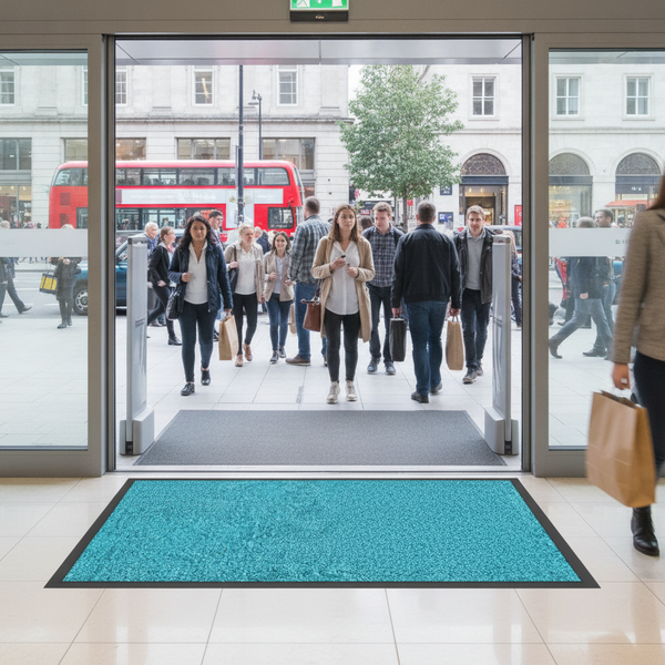 Washable Dirt Trapper Runner Turquoise 90×600cm – Non-Slip H - Retail Store Setting