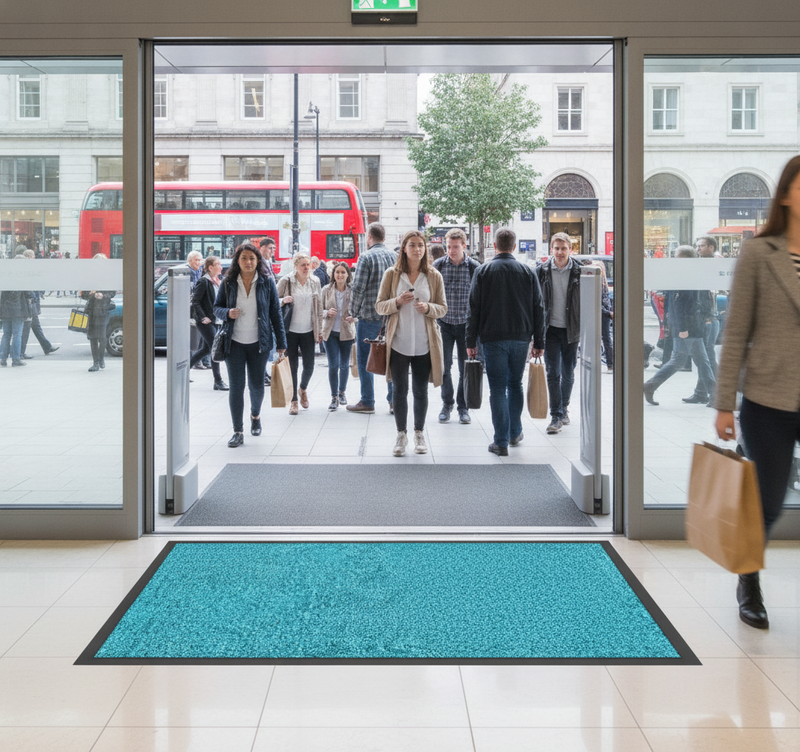 Washable Dirt Trapper Runner Turquoise 90×600cm – Non-Slip H - Retail Store Setting