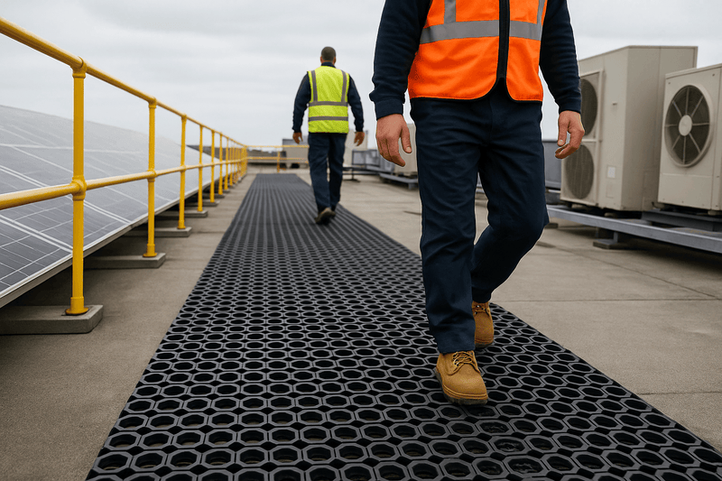 Heavy-duty open ring roof matting walkway with worker on rooftop