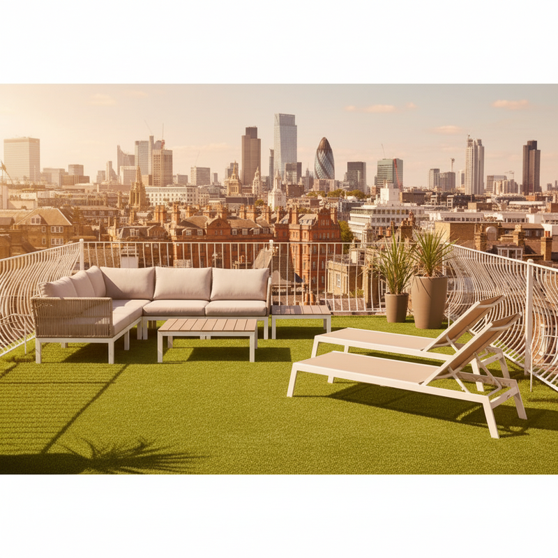 Rooftop artificial grass London terrace city skyline view
