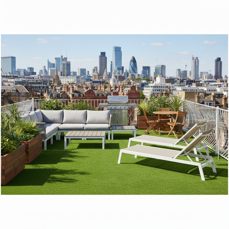 Rooftop garden grass UK apartment building roof terrace