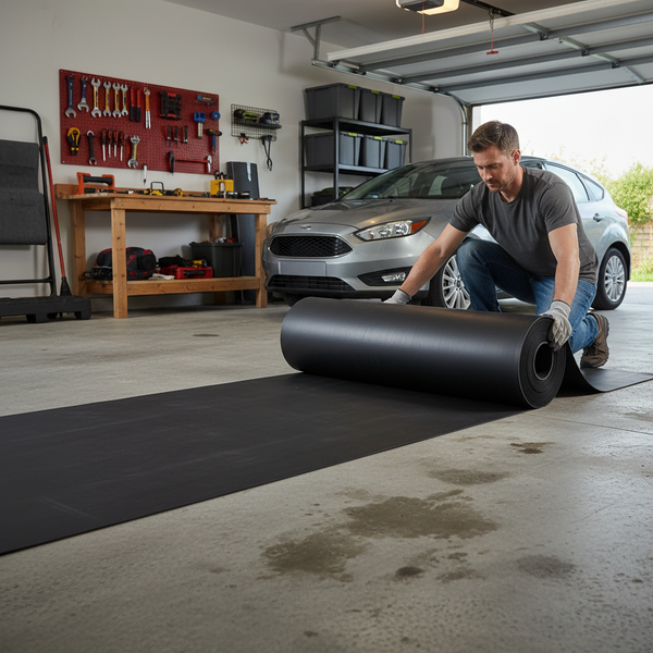 5m Rubber Sheet Roll Being Installed on Garage Floor - DIY Workshop Grade SBR UK