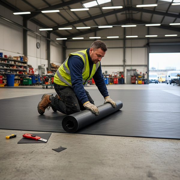 Workshop Installation - Rubber Sheet Flooring Being Laid