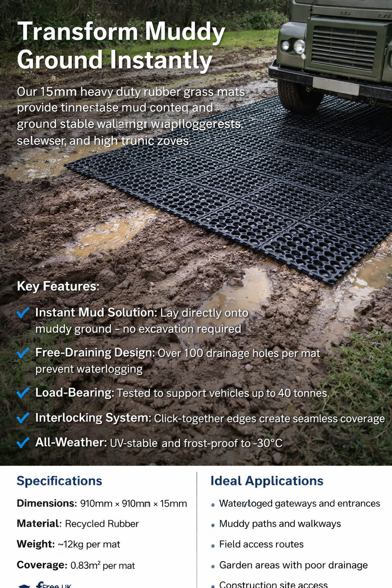 Temporary Ground Protection Rubber Grass Mat — Interlocking Mats for Short-Term Site Access — 15mm