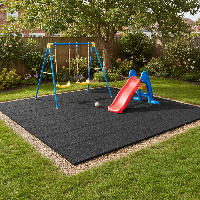 SafeStep black rubber playground mats in British garden play area