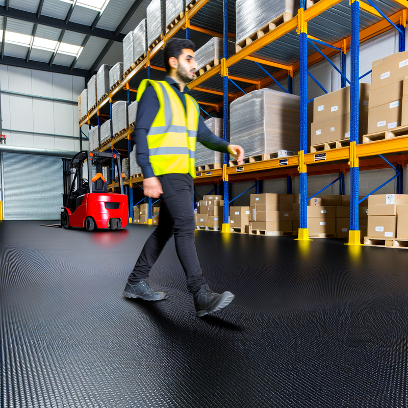 Heavy duty black safety flooring in UK warehouse - non-slip industrial floor