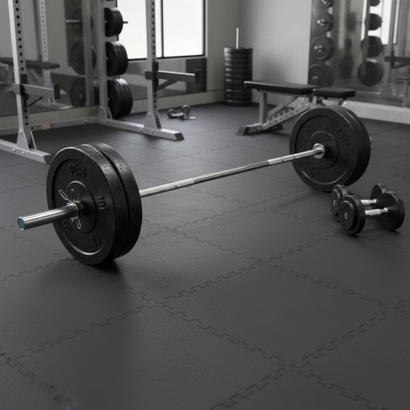 Heavy duty rubber gym mat with Olympic barbell and weight plates in home gym