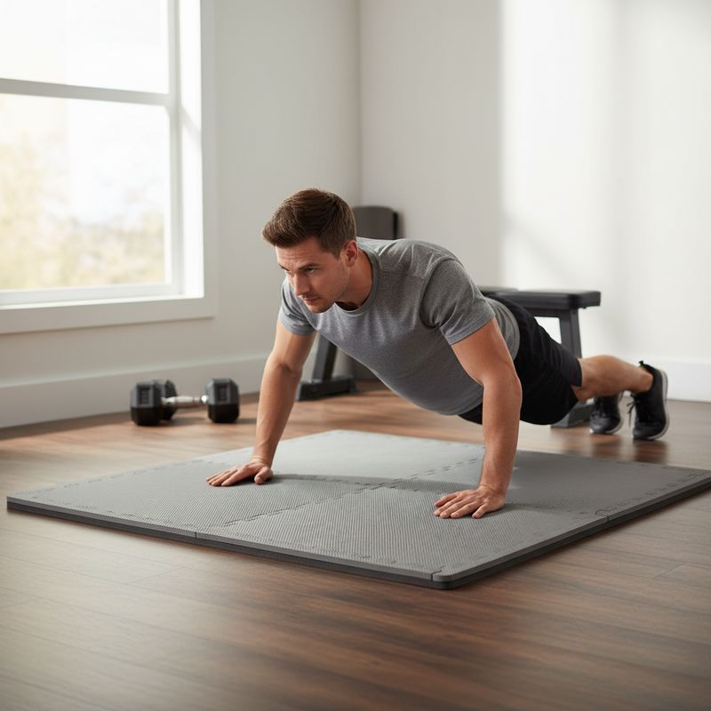 Home gym press-ups on 20mm EVA foam exercise mats grey interlocking jigsaw tiles