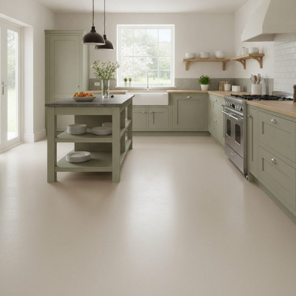 Taupe rubber flooring roll in UK kitchen setting — natural off-white rubber sheet 1.9m wide