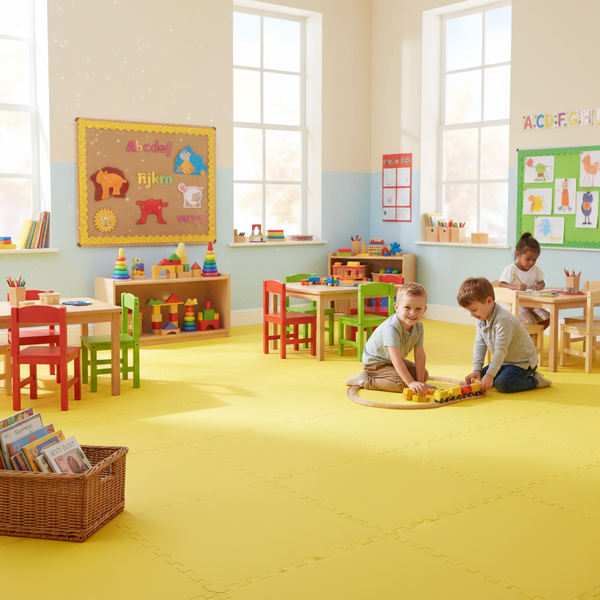 Yellow EVA foam interlocking floor tiles in bright nursery early years classroom