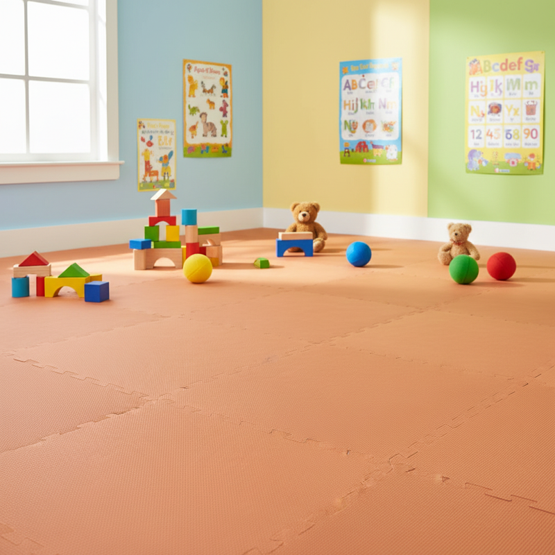 Copper Orange EVA Foam Interlocking Tiles in Children's Play Area with Toys