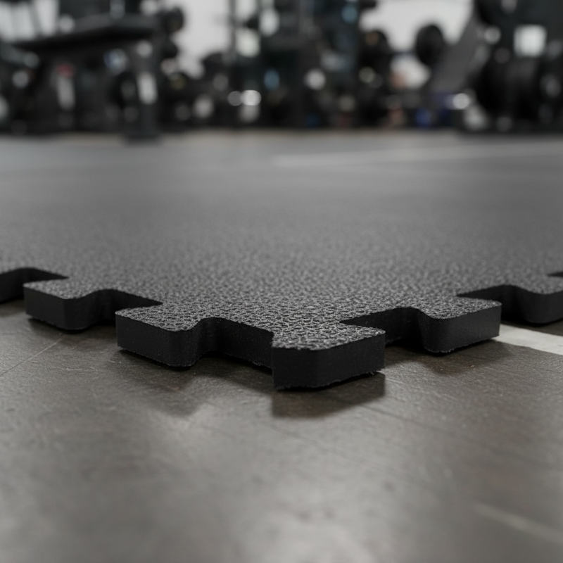17mm rubber gym tile edge profile showing thickness in gym setting