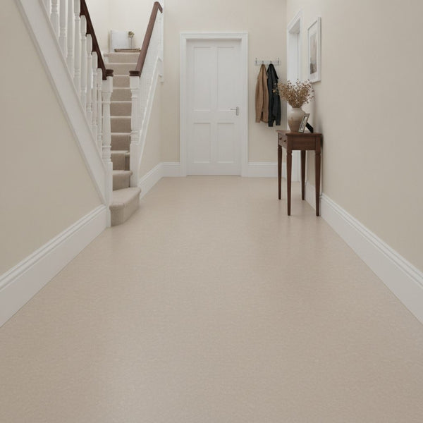 Off-white taupe rubber flooring roll in UK hallway — natural rubber sheet cut to size