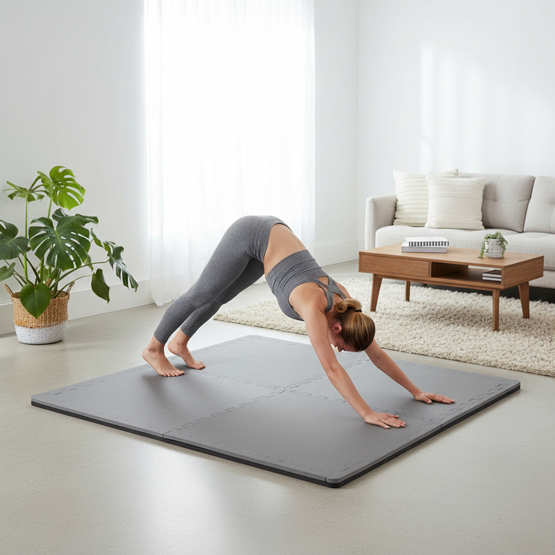 Yoga on grey EVA foam exercise mats in UK living room 20mm thick 4 pack