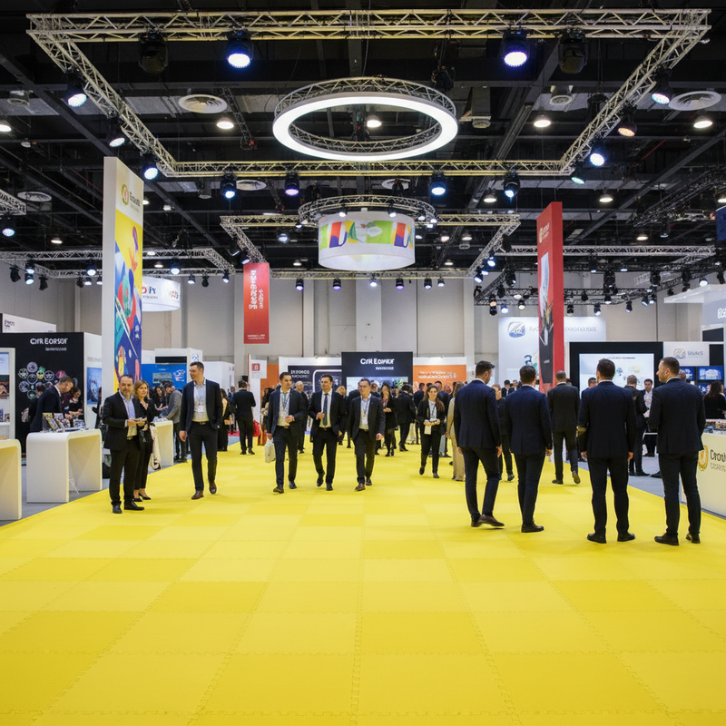 Yellow EVA foam interlocking floor tiles at vibrant exhibition event space