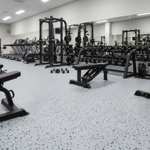 Snowflake grey gym flooring tiles installed in commercial gym UK