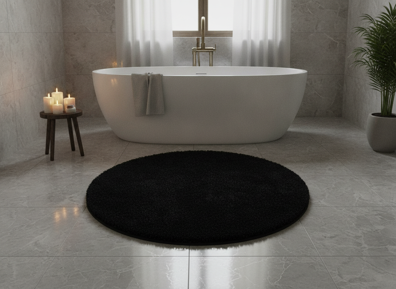 Round Shaggy Bath Mat 120cm Black – Fluffy Non-Slip Washable - Spa Bathroom Setting