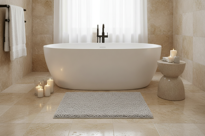 Deep Pile Microfibre Bath Mat 70×120cm Silver Grey – 30mm Non-Slip Bathroom Rug - Spa Bathroom Setting