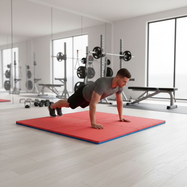 Red Blue EVA Foam Exercise Mats in Home Gym - Person Doing Burpees
