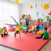 Children Doing Gymnastics on Red Blue EVA Foam Mats in Playroom