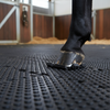 Close-up texture of StableFlex 20mm rubber stable walkway tiles showing anti-slip surface with horse hoof, equestrian safety flooring UK