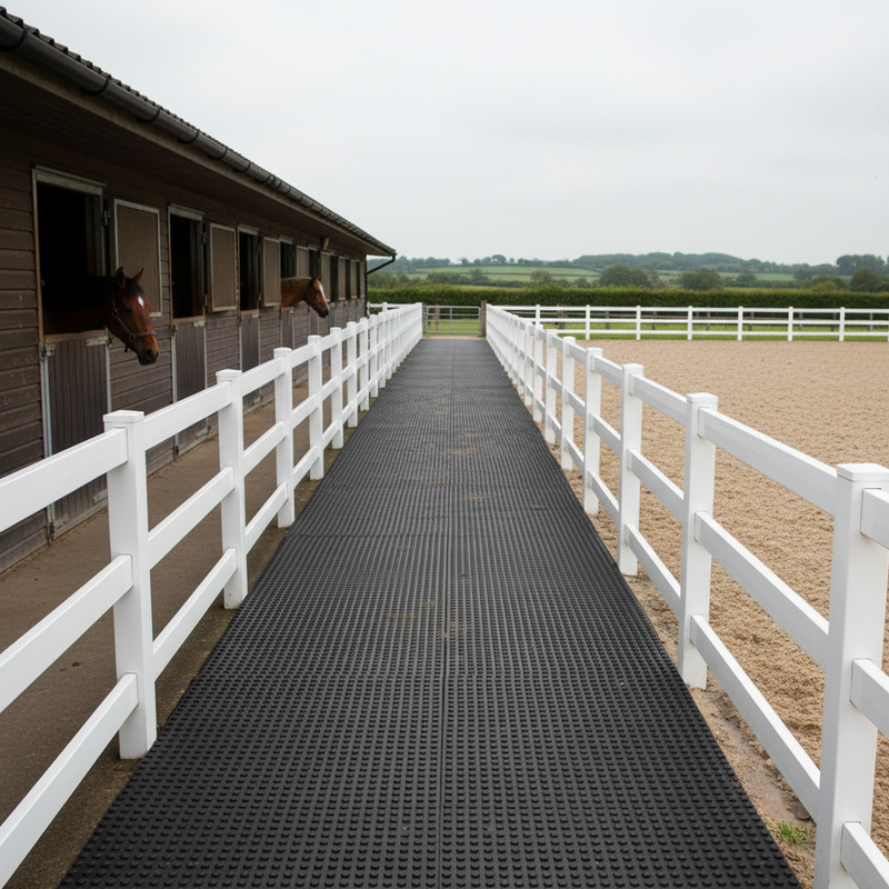 StableFlex rubber walkway tiles installed outdoors at British equestrian centre, 1m x 1m 20mm thick pathway flooring connecting stables to arena