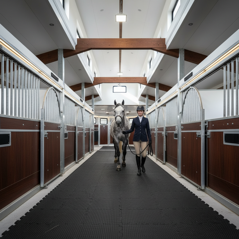Modern UK livery yard stable aisle with StableFlex rubber walkway tiles installed, 20mm thick interlocking equestrian flooring with horse and rider