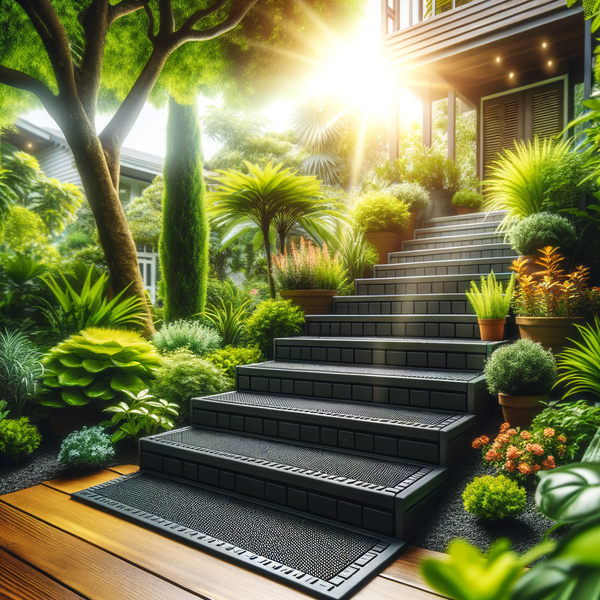 Rubber stair treads installed on outdoor garden steps