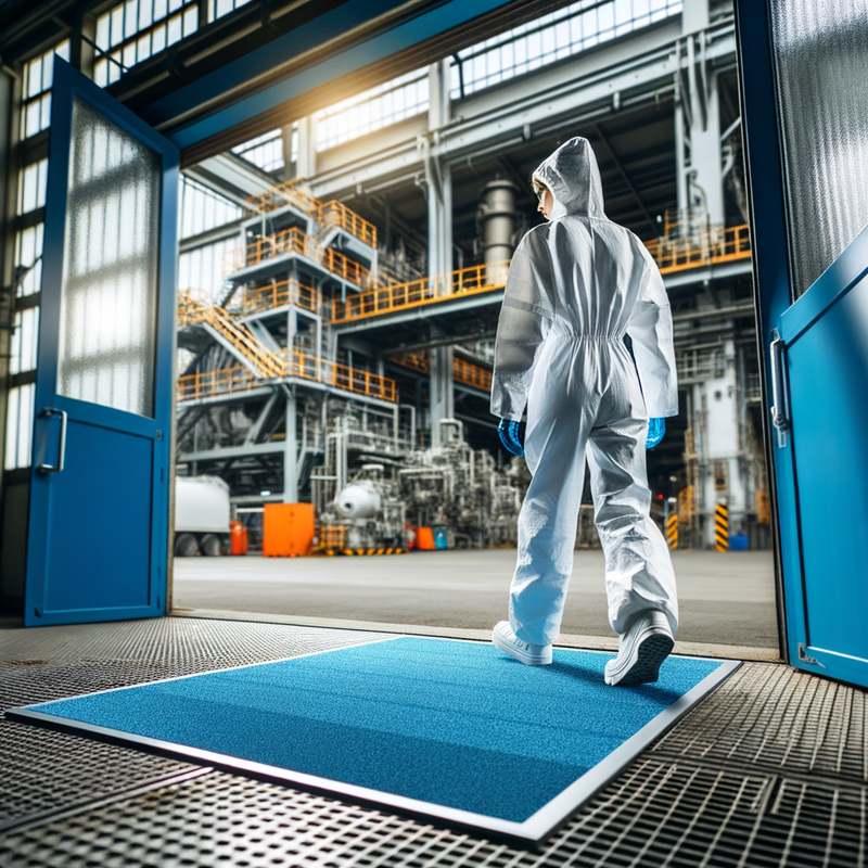Worker stepping on tacky dust control mat at cleanroom entrance