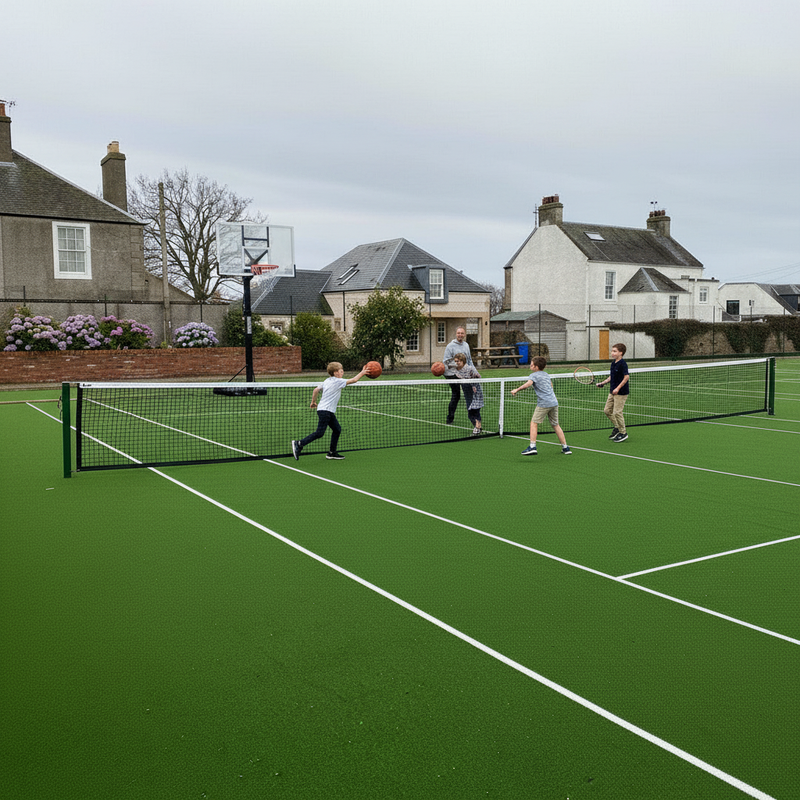 Multi-sport artificial grass backyard tennis court UK home