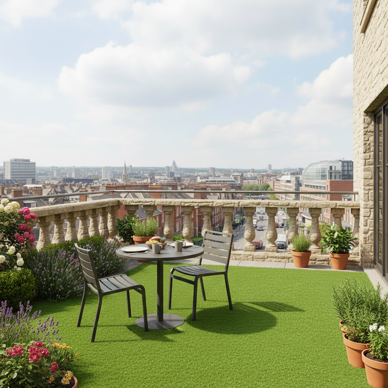 Balcony artificial grass modern UK apartment terrace