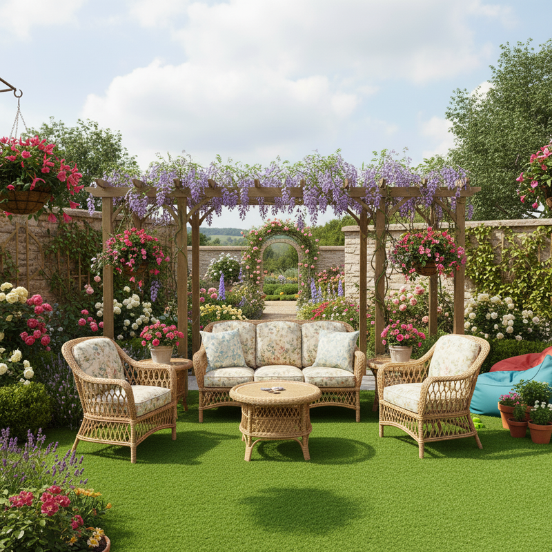 Veranda artificial grass traditional British cottage garden
