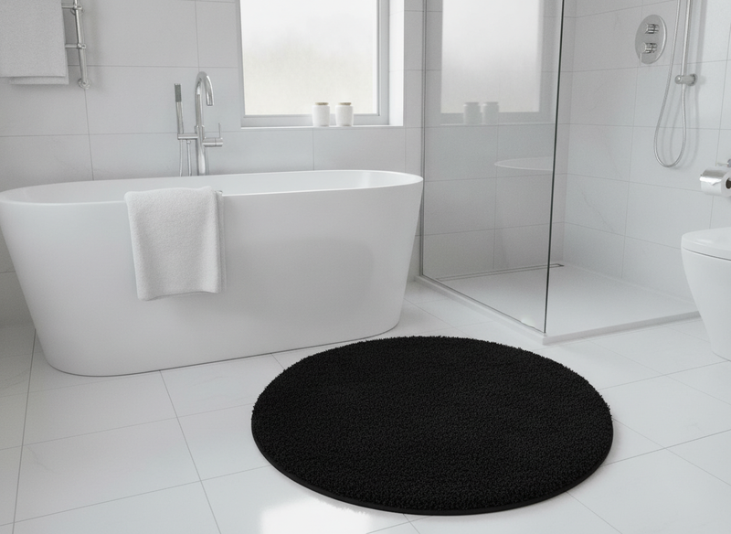 Round Shaggy Bath Mat 120cm Black – Fluffy Non-Slip Washable - Uk Bathroom Setting