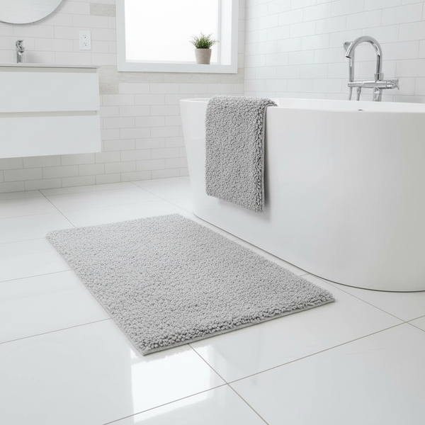 Deep Pile Microfibre Bath Mat 70×120cm Silver Grey – 30mm Non-Slip Bathroom Rug - Uk Bathroom Setting