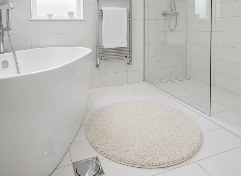 Round Fluffy Bathroom Rug 120cm Ivory – Non-Slip Washable Sh - Uk Bathroom Setting