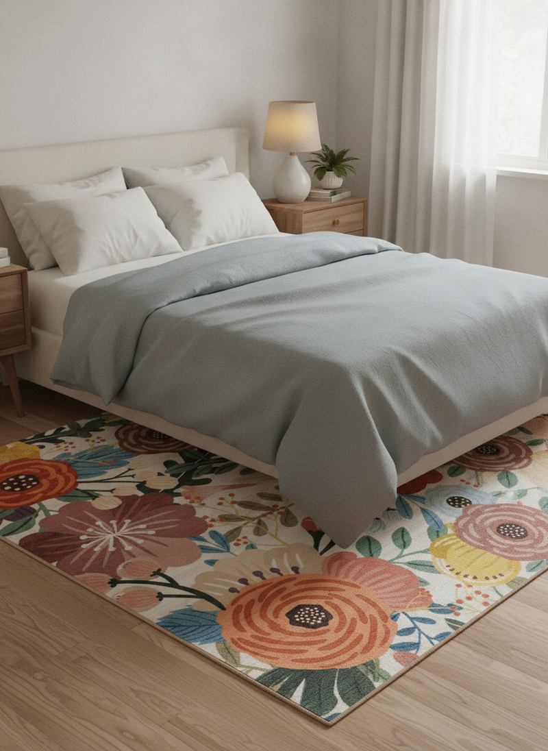 Fleur Floral Short Pile Rug 160×230cm – Washable Non-Slip Rug for Living Room - Uk Bedroom Setting
