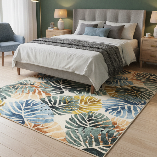Amazonia Leaf Design Short Pile Rug 160×230cm – Washable Non-Slip Living Room Rug - Uk Bedroom Setting