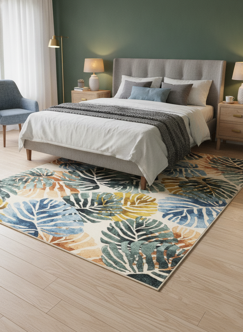 Amazonia Leaf Design Short Pile Rug 160×230cm – Washable Non-Slip Living Room Rug - Uk Bedroom Setting