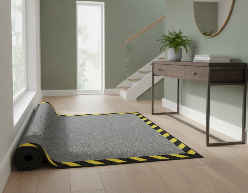Cable Cover Safety Mat with Warning Border – Non-Slip Office & Warehouse Cable Management Mat - Uk Hallway Setting