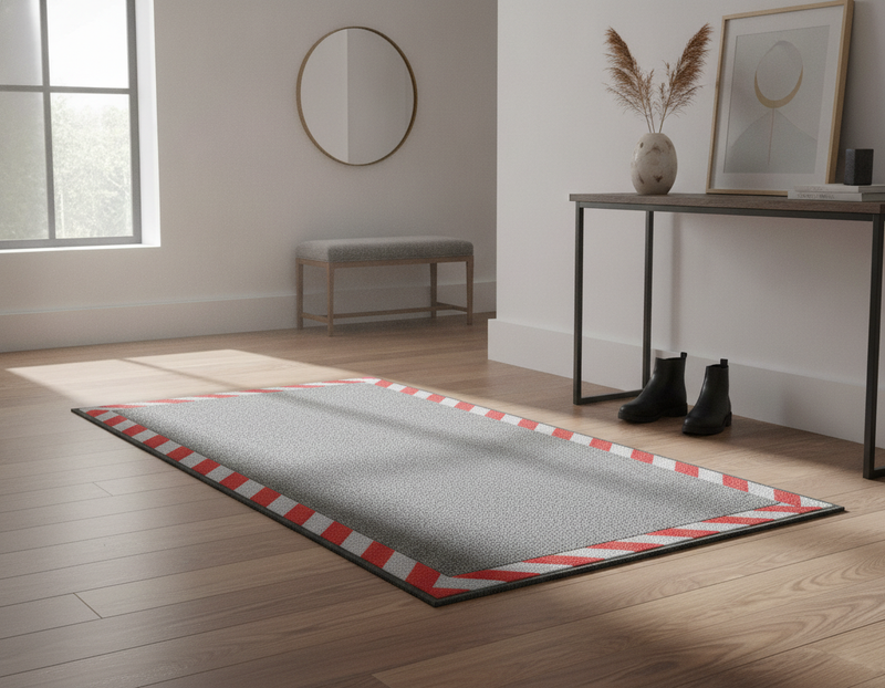Cable Cover Safety Mat White/Red Warning Border – Non-Slip Office & Warehouse Cable Protector - Uk Hallway Setting