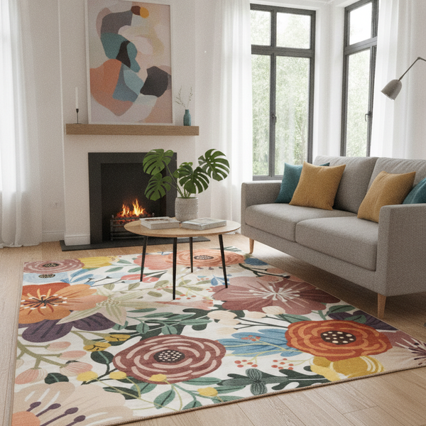 Fleur Floral Short Pile Rug 160×230cm – Washable Non-Slip Rug for Living Room - Uk Living Room Setting