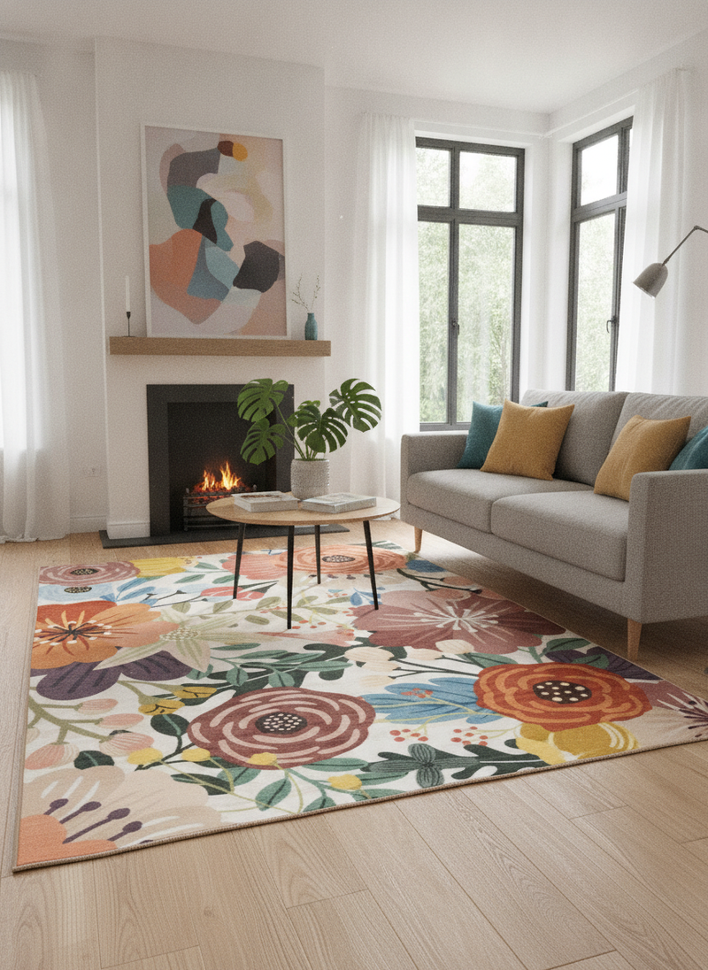 Fleur Floral Short Pile Rug 160×230cm – Washable Non-Slip Rug for Living Room - Uk Living Room Setting