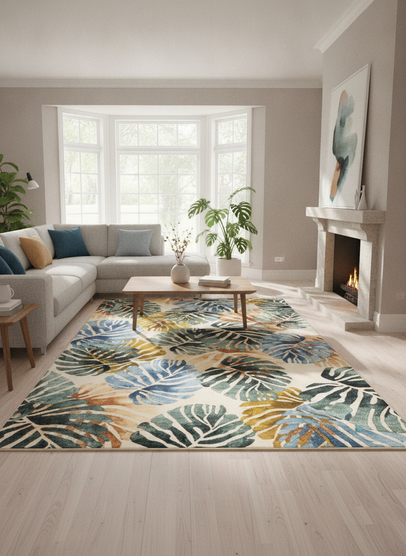 Amazonia Leaf Design Short Pile Rug 160×230cm – Washable Non-Slip Living Room Rug - Uk Living Room Setting