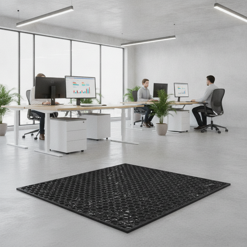 Recycled Rubber Honeycomb Door Mat with Drainage Holes - Uk Office Setting