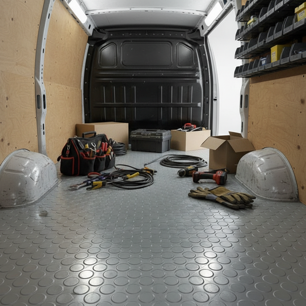 Van Liner Rubber Flooring Studded Penny Pattern R11 Non-Slip Heavy Duty Roll - industrial mat UK - product hero shot showing full dimensions